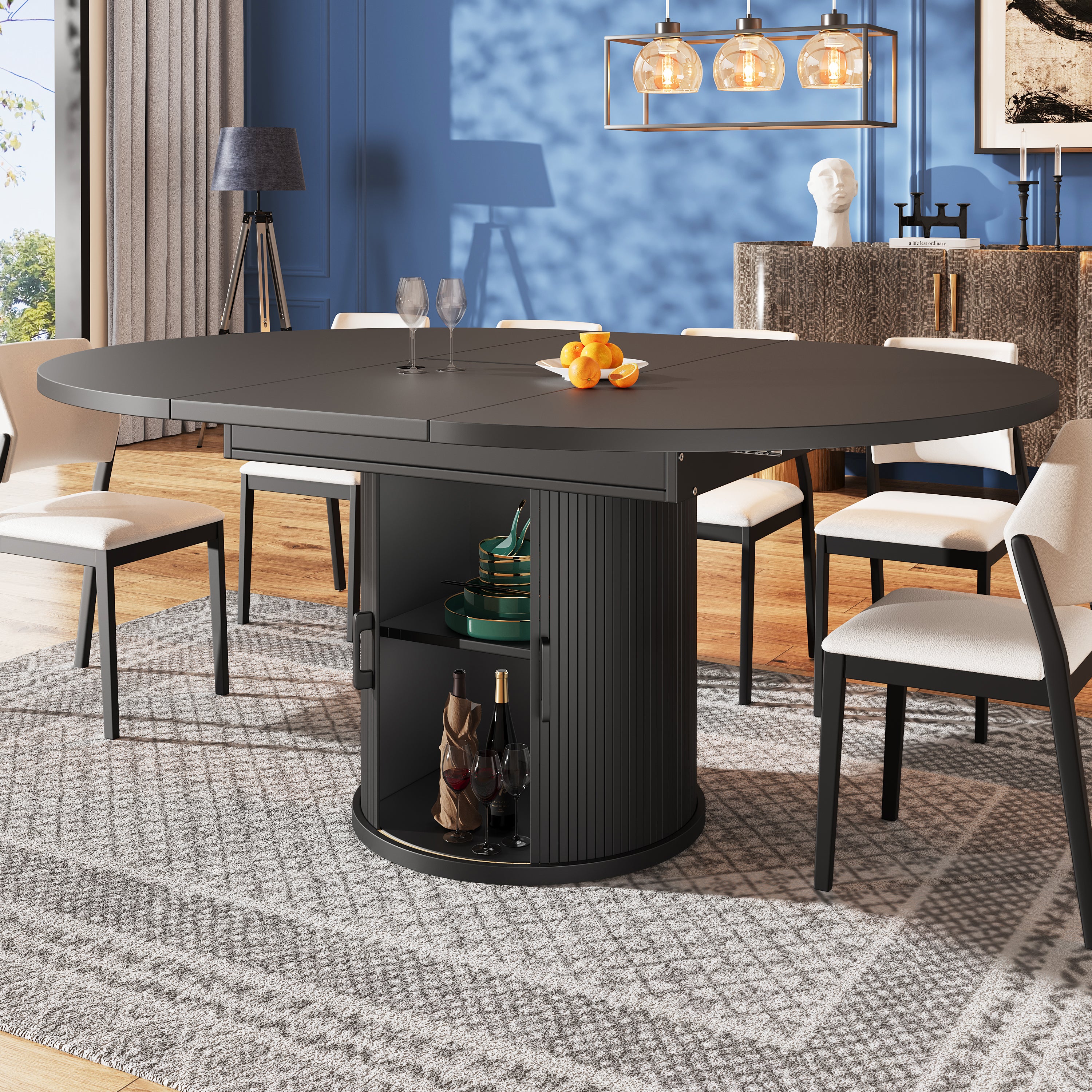 Extendable dining table, dining room table, kitchen table, balcony table, extendable table top Round dining table, extends to oval, 118–158 cm, seats up to 6 people, walnut/black