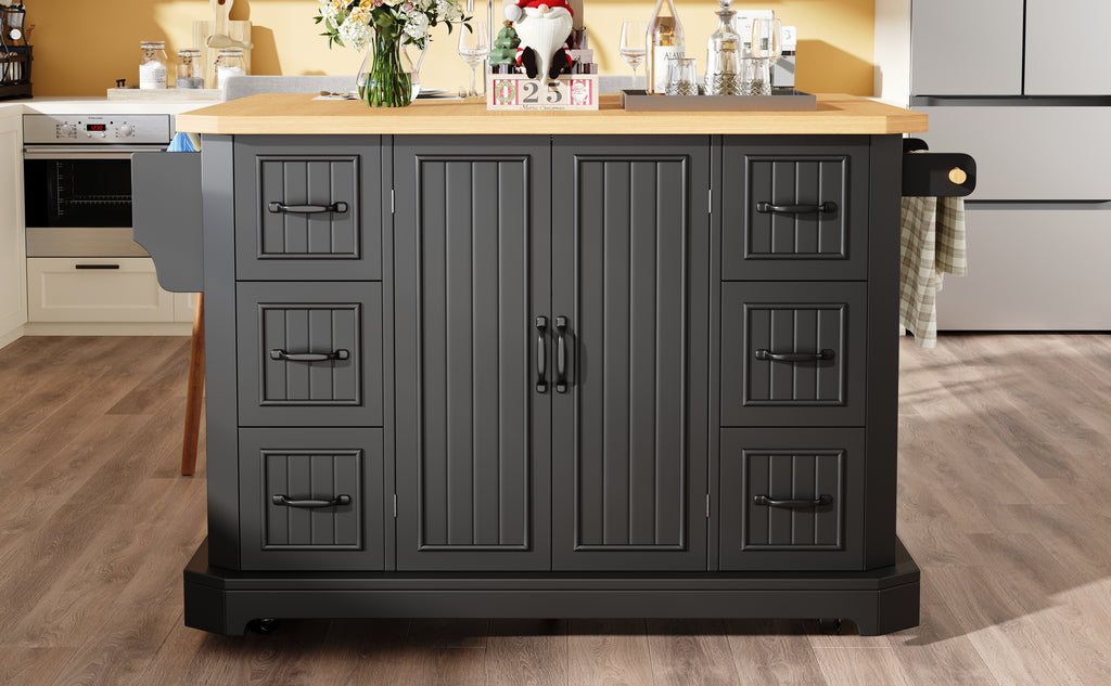 Mobile Kitchen Island Cart on Wheels - Cabinet with 2 Doors & 6 Drawers, Adjustable Width 45-75cm, White/Black