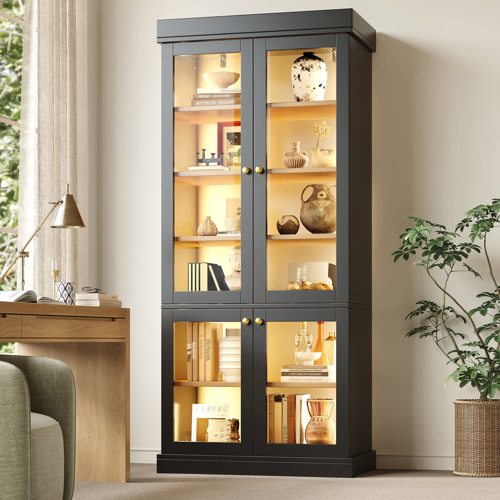 Modern freestanding cabinet with integrated LED mood lighting, glass display case, well-designed interior layout and anti-tip protection; stable, safe and versatile for home use; black