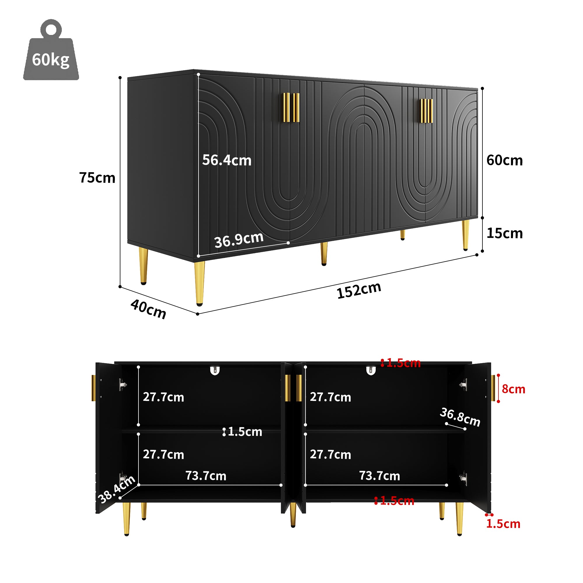 Black sideboard (152 x 40 x 75 cm) with unique wave design and golden handles and feet, creating an elegant dining area
