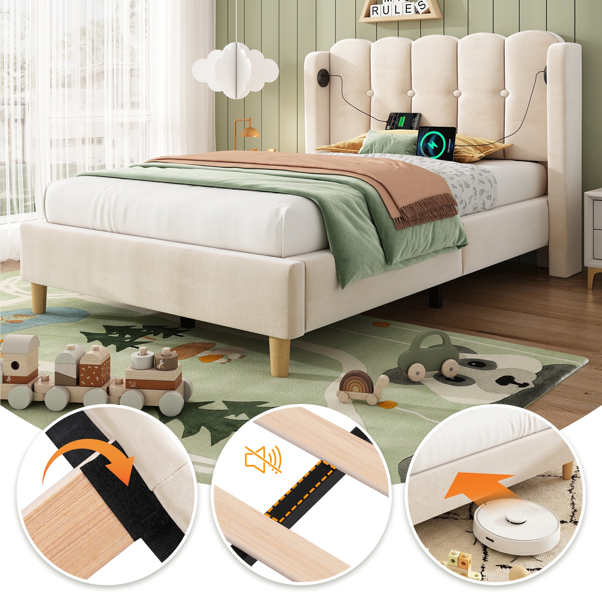 Upholstered Single Bed with USB and Type-C Charging, 3FT Bed Frame with Wooden Slatted Frame, Teenager Bed for Bedroom & Guest Room, 90 x 190 cm, Beige, Velvet (No Mattress)