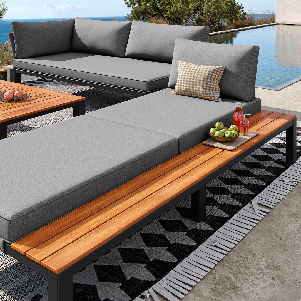 Modular Outdoor Sofa Set with Free Combination, Aluminium Frame, Breathable Cushions, Wooden Coffee Table & Side Table, for Patio, Garden & Backyard