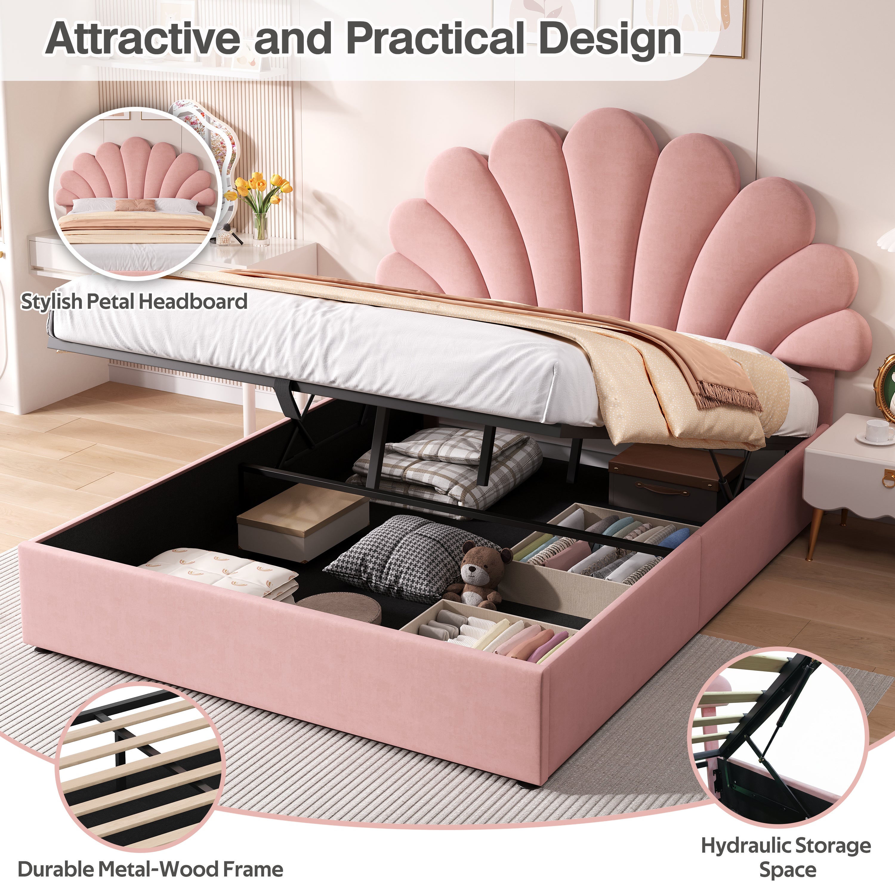 4ft6 Double Upholstered Hydraulic Bed with Adjustable Chic Petal Headboard, Soft Velvet Bed Frame with Hydraulic Storage, Petal Bed with Solid Wood Slat, No Box Spring Needed, Pink (No Mattress)