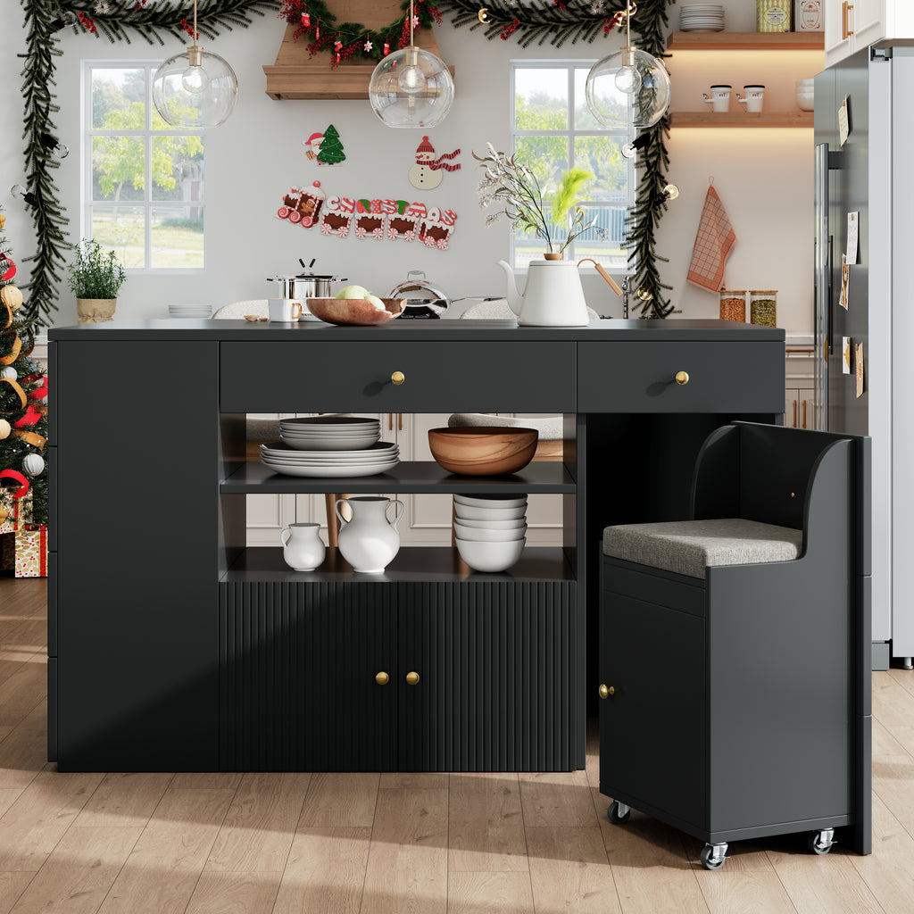 Adjustable Kitchen Island with Bar Stools - Sideboard & Cabinet with 6 Drawers, Width 140-70cm, White/Black