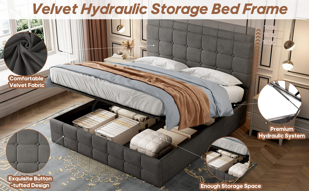 4ft6 Double Upholstered Storage Bed Frame, Velvet Ottoman Bed with Hydraulic Storage, Double Bed with Adjustable Button Tufted Headboard, Metal-Wood Support, No Mattress, Grey