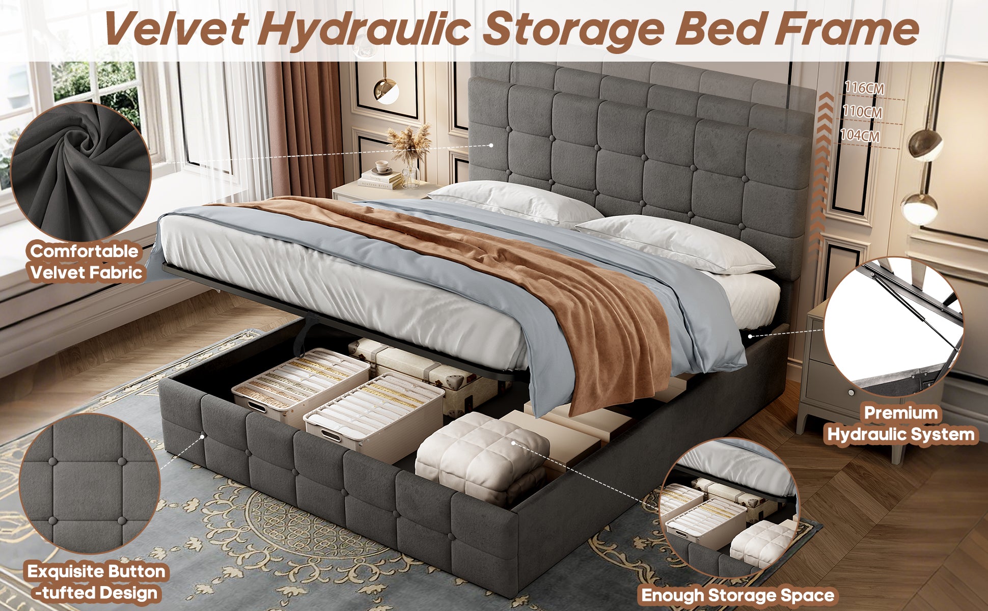 4ft6 Double Upholstered Storage Bed Frame, Velvet Ottoman Bed with Hydraulic Storage, Double Bed with Adjustable Button Tufted Headboard, Metal-Wood Support, No Mattress, Grey