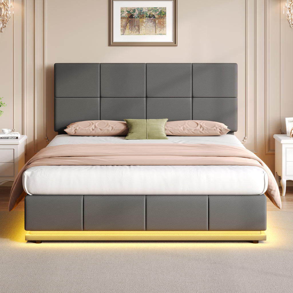 Ottoman Double Bed with LED Lighting, PU Leather Upholstered Bed with Hydraulic Storage, 4ft6 Double Bed Frame with Adjustable Square Tufted Headboard, Grey (No Mattress)