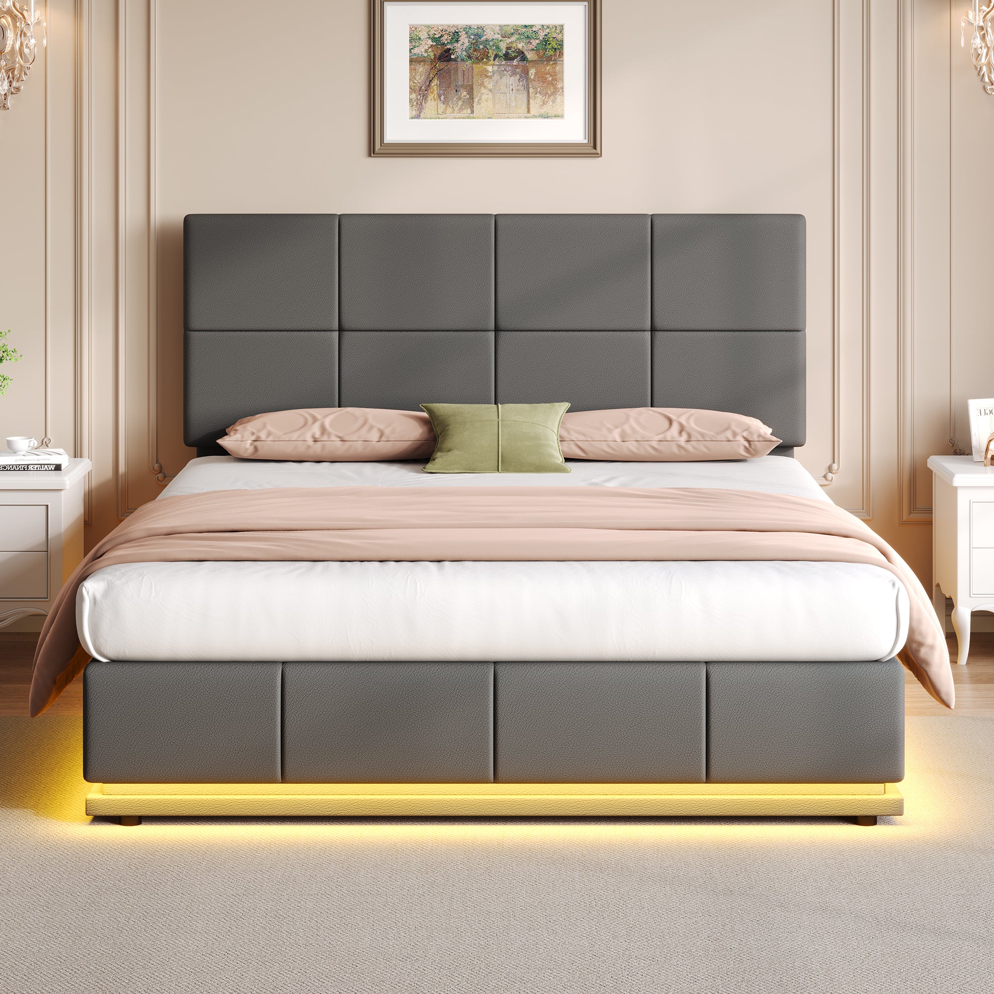 Ottoman Double Bed with LED Lighting, PU Leather Upholstered Bed with Hydraulic Storage, 4ft6 Double Bed Frame with Adjustable Square Tufted Headboard, Grey (No Mattress)
