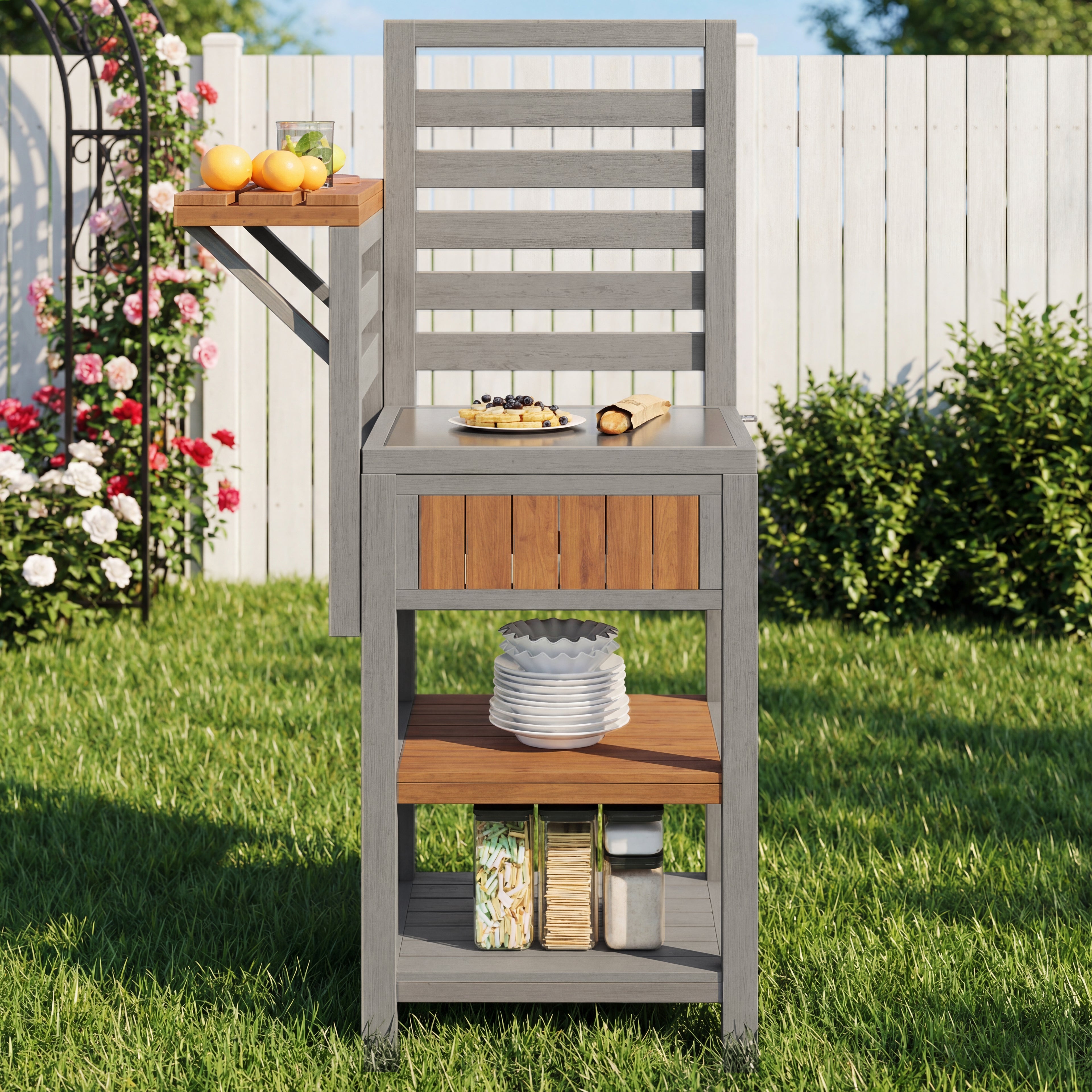 Outdoor wooden garden cabinet, weatherproof – tool shed with large stainless steel work surface and double shelf, grill station with additional storage space, weatherproof kitchen cabinet