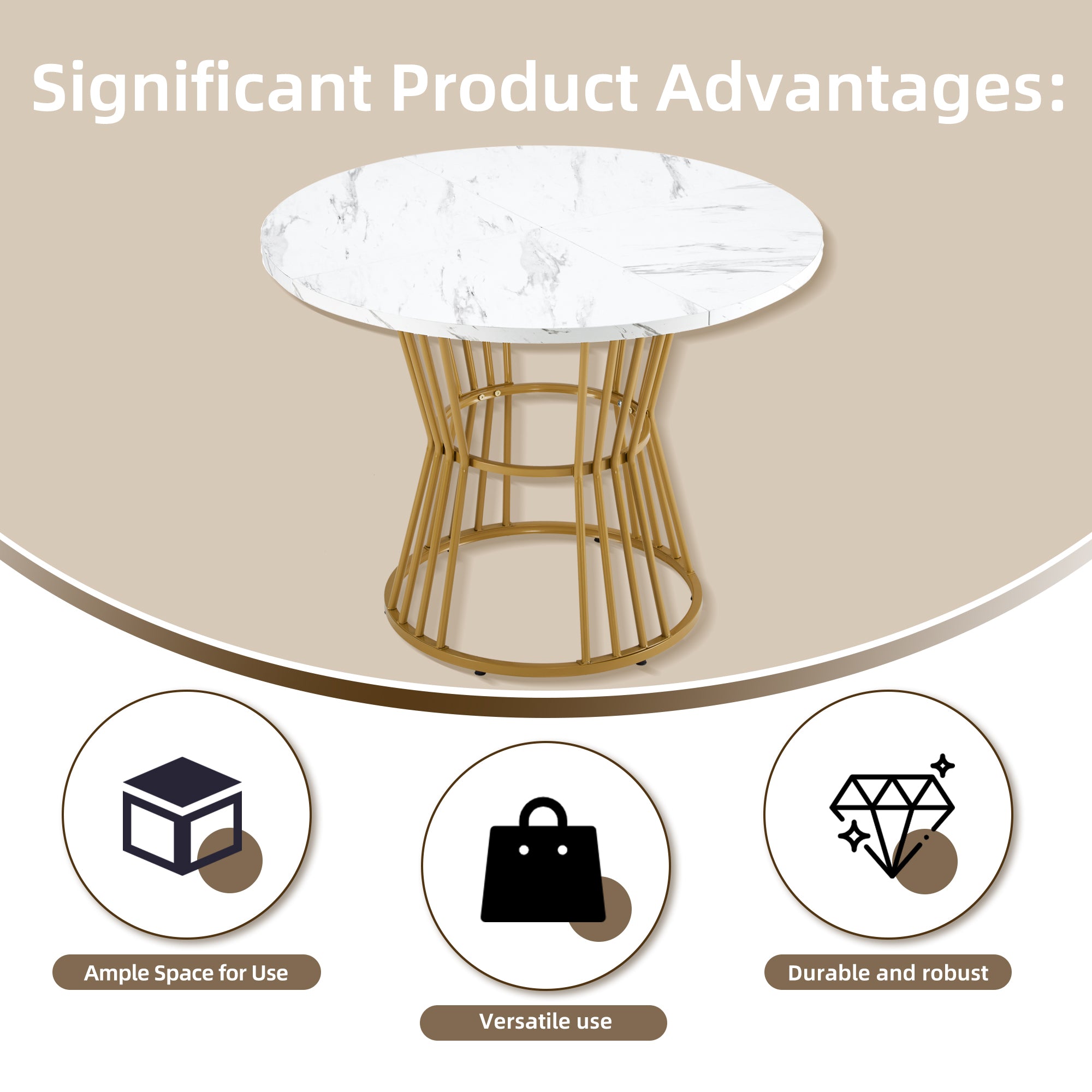 Dining table set (5-piece), dining table set with 4 chairs, kitchen table set, round dining table with 100 cm diameter and golden metal legs, white MDF table top, gray velvet dining chairs
