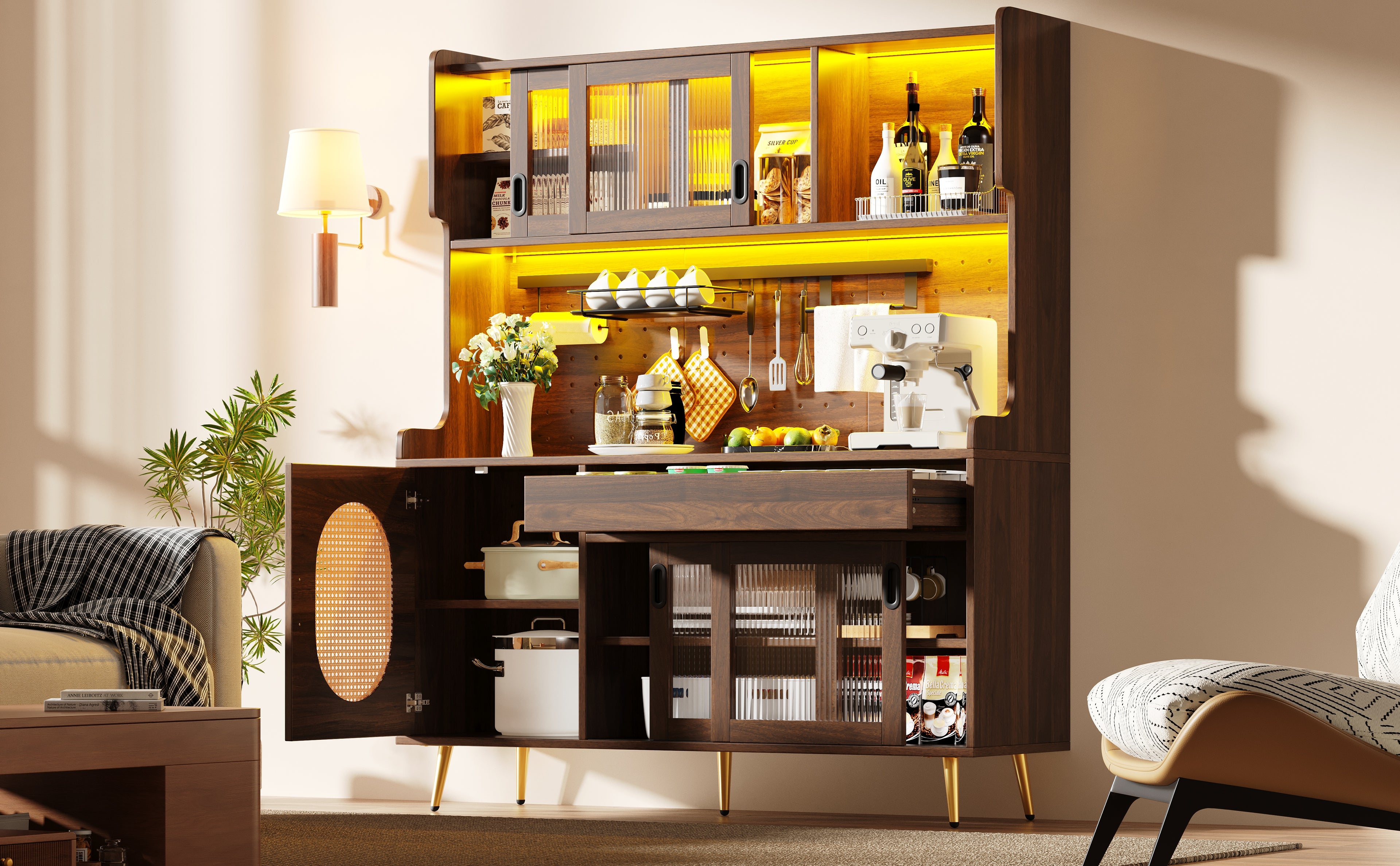 Sideboard / Storage Cabinet / Kitchen Cabinet / Buffet, 145x39x171cm, Country Style, 5 Doors, with LED Light Strip & Pegboard, Fluted Glass Doors, Brown/Black