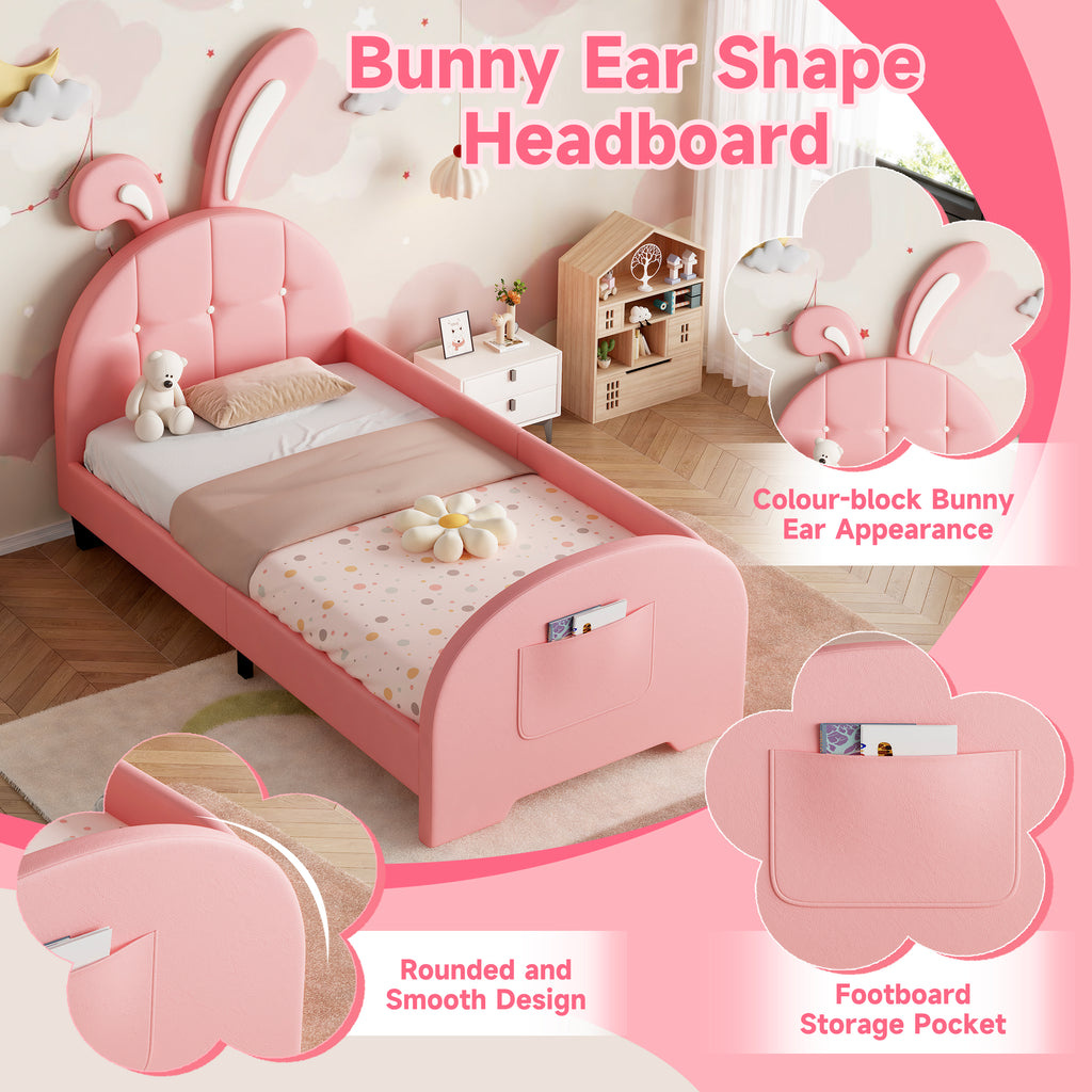 3ft Single Rabbit-Shaped Upholstered Bed Frame, Bunny Ear Headboard & Footboard Storage Pocket, Soft PU Leather Single Bed with Sturdy Metal-Wood Frame, Pink(No Mattress)