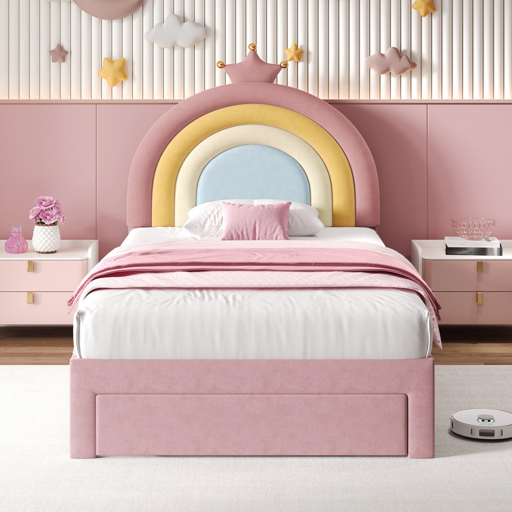3ft Single Upholstered Bed with Adjustable Rainbow Headboard, Soft Velvet Bed Frame with Storage Drawer, Stylish Rainbow Headboard with Crown, No Box Spring Needed, Easy Assembly, Pink (No Mattress)