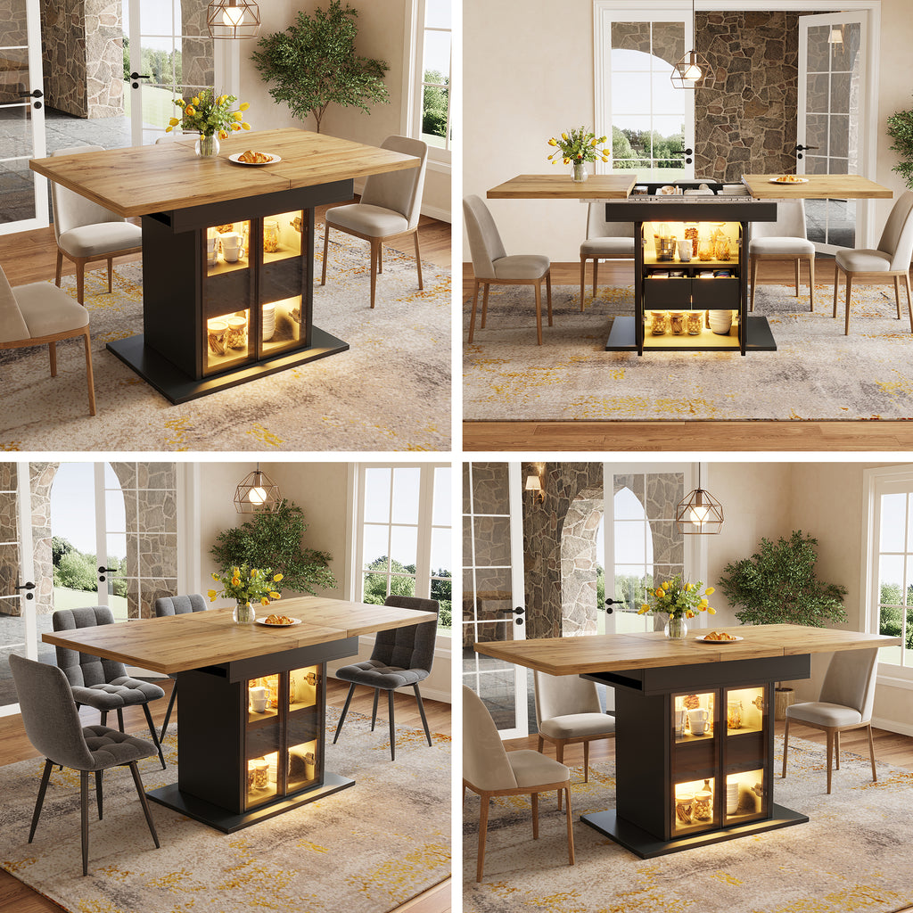 Extendable dining table with storage space & RGB LED lighting, 110–140cm, glass sliding doors & concealed push handles, white/black