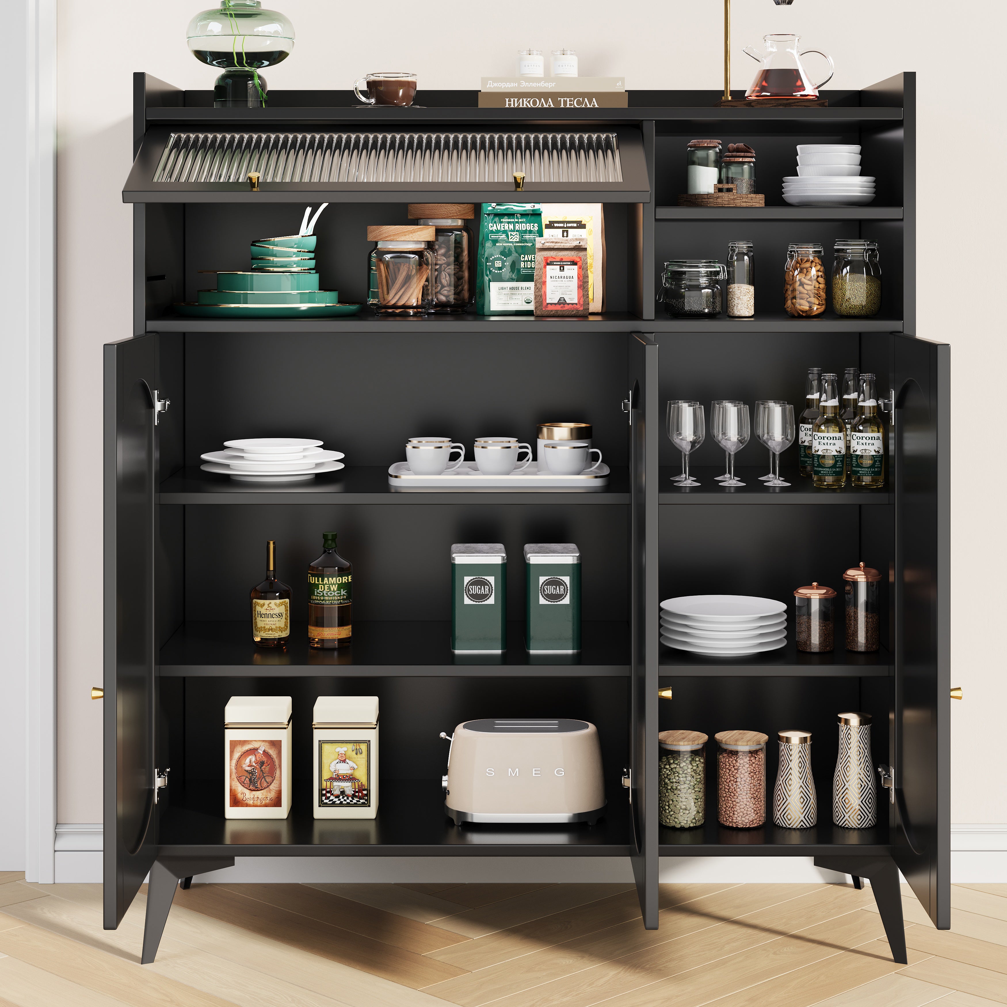 Sideboard (120 x 39.8 x 118.5 cm), modern and sleek black sideboard, large storage space, with glass door and golden handle, multifunctional furniture, suitable for dining room or living room