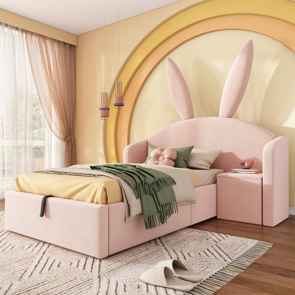 Bunny Ears Kids Bed, Single Upholstered Bed with Hydraulic Storage & Nightstand, Children Bed Frame for Girls Bedroom, 90 x 190 cm, Rose, No Mattress