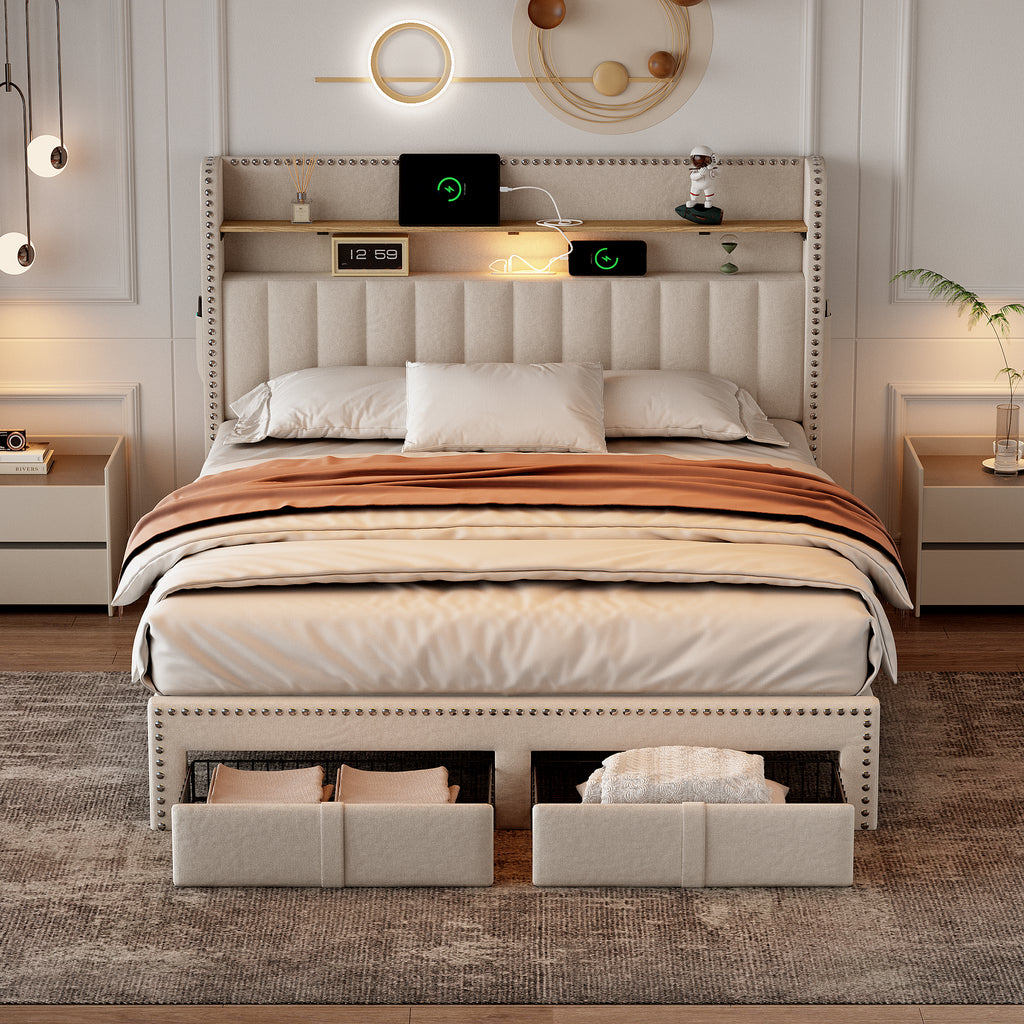 4ft6 Double Upholstered Bed with 2 Storage Drawers, Riveted Storage Bed with Charging and Lighting, Linen Platform Bed Frame No Box Spring Needed, Easy Assembly, Beige (No Mattress)