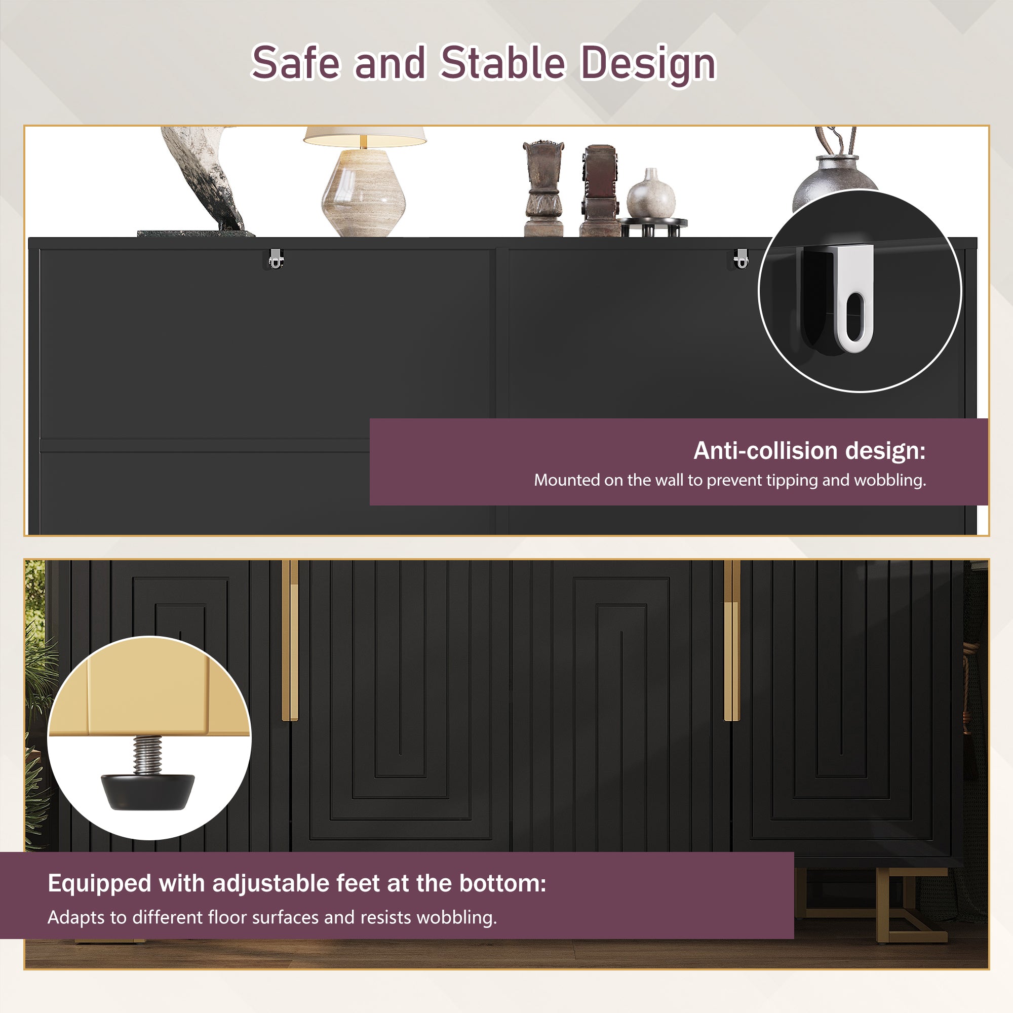 Black sideboard (152 x 40 x 75 cm) features a unique geometric design and gold handles and feet for an elegant feel