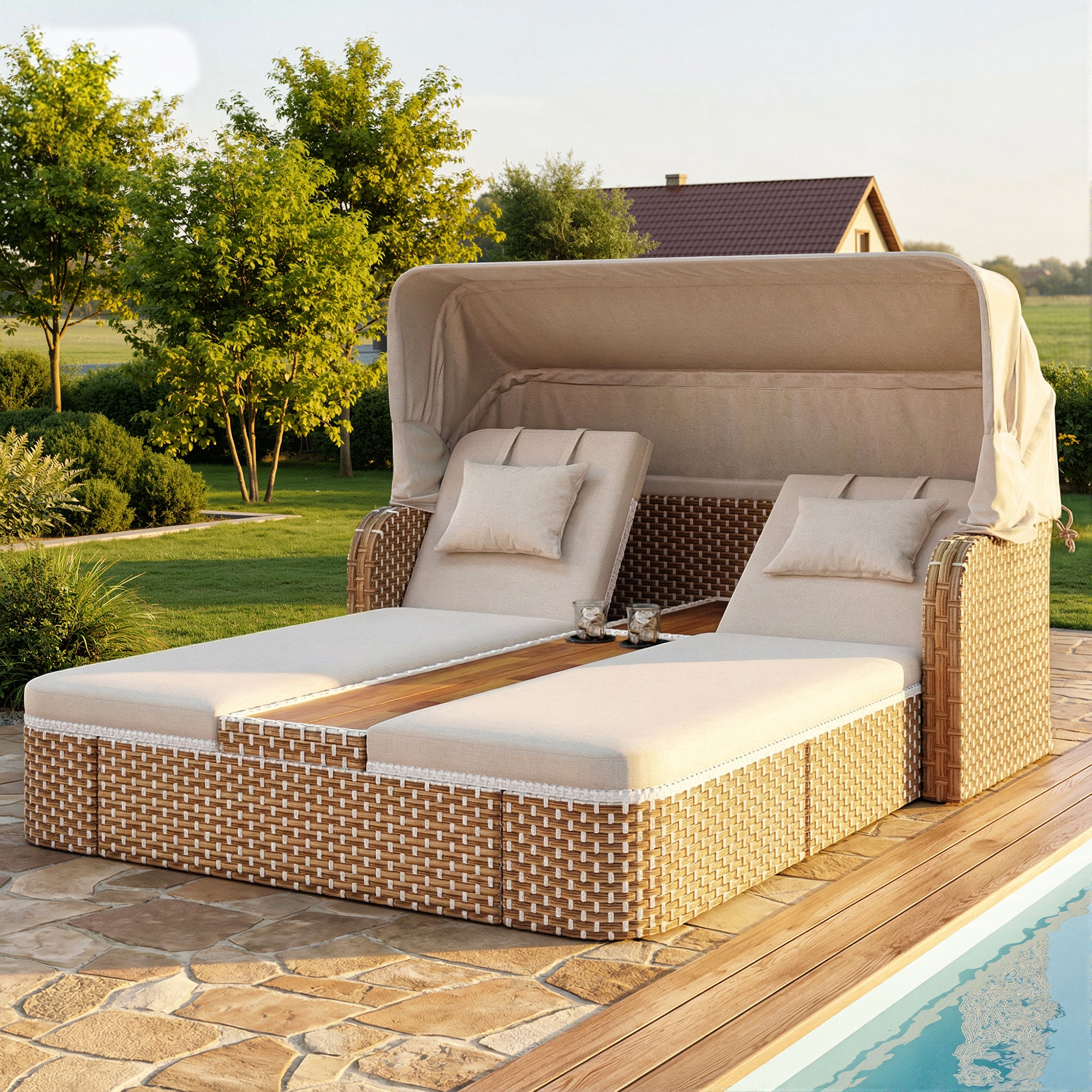 Outdoor Wicker Double Chaise Lounge with Adjustable Canopy, 5-Position Reclining Backrests, Built-in Cup Holders, for Patio & Poolside