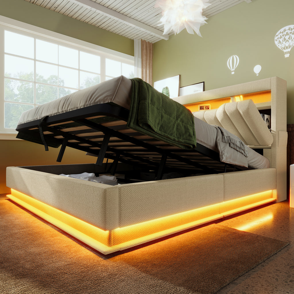 Upholstered Bed 135 x 190 cm with LED Lighting, USB Type-C Charging, Storage Headboard for Cellphones and Tablets, 4ft6 Hydraulic Storage Bed with Metal Slatted Frame, Linen, Beige (No Mattress)