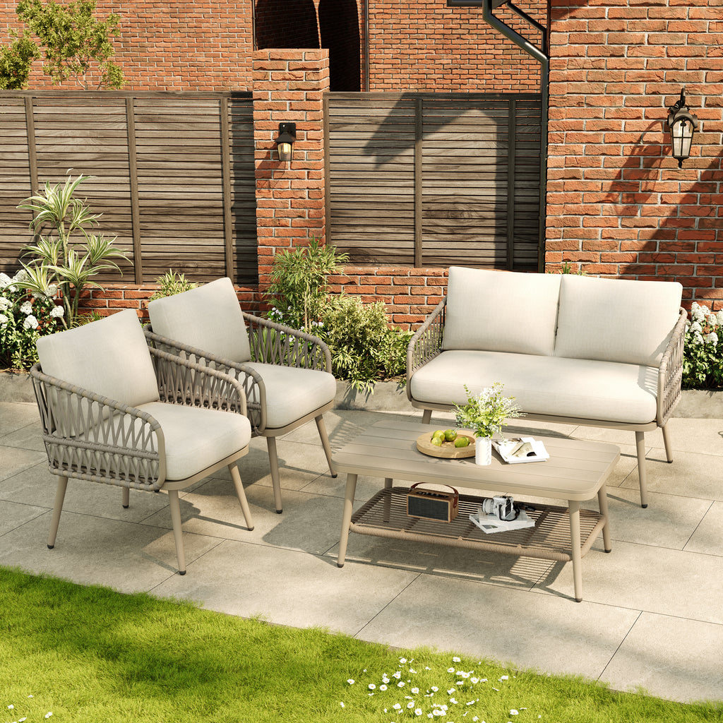 4 Seater Garden Set with Plastic Wood Storage Coffee Table, Polyester Rope Outdoor Set with Sofa and Armchairs, Weatherproof Outdoor Patio Sofa for Balcony and Terrace, Linen, Beige