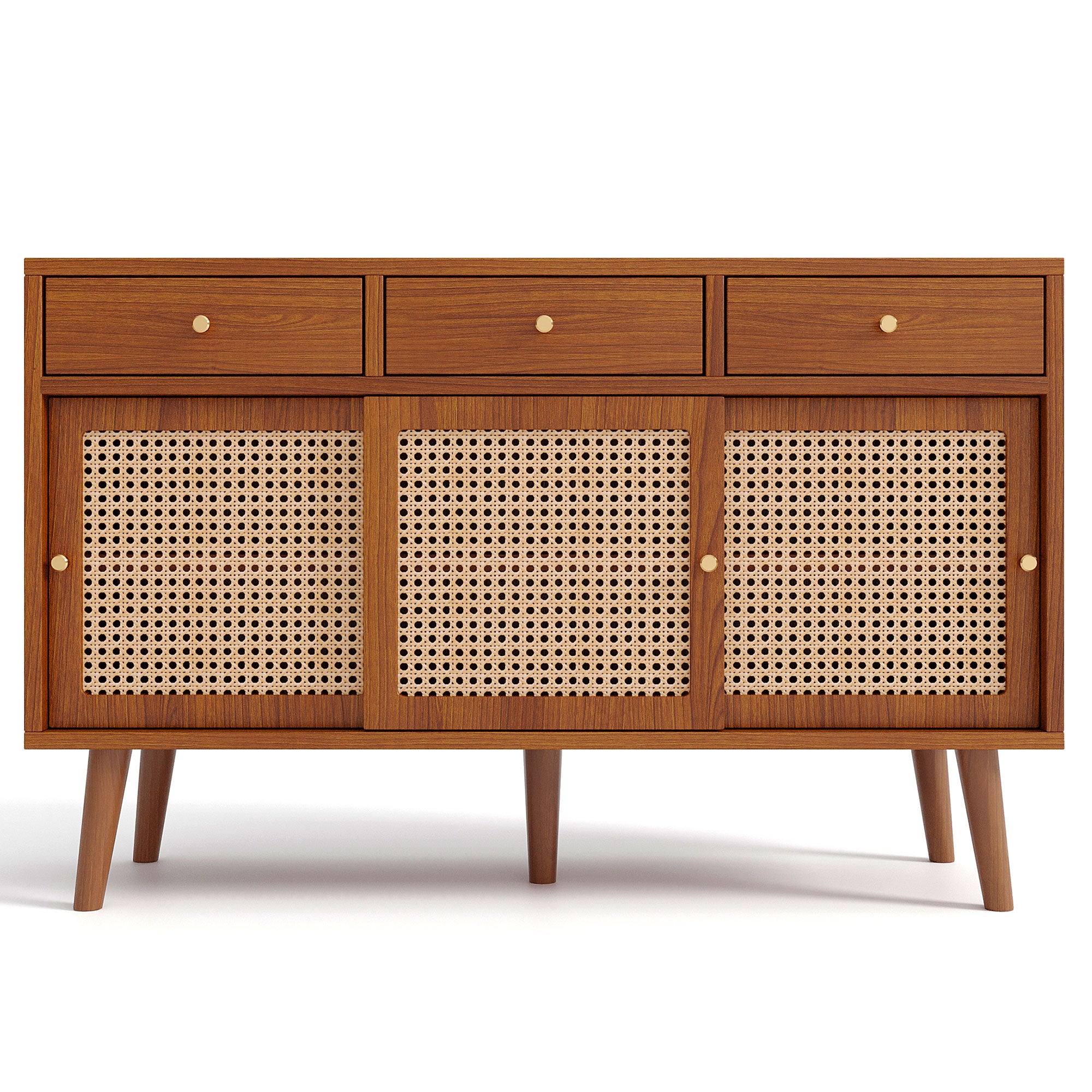 Modern sideboard 120*40*78cm, rattan door design, with 3 drawers and storage compartments, retro wooden sideboard, suitable for dining room and living room
