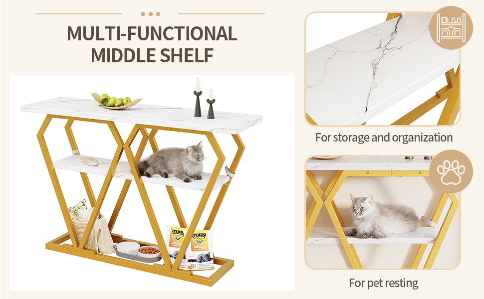Console table (1 piece) - 120 x 29.5 x 80 cm - Dining & kitchen table, balcony table - Wooden table with marble-look top