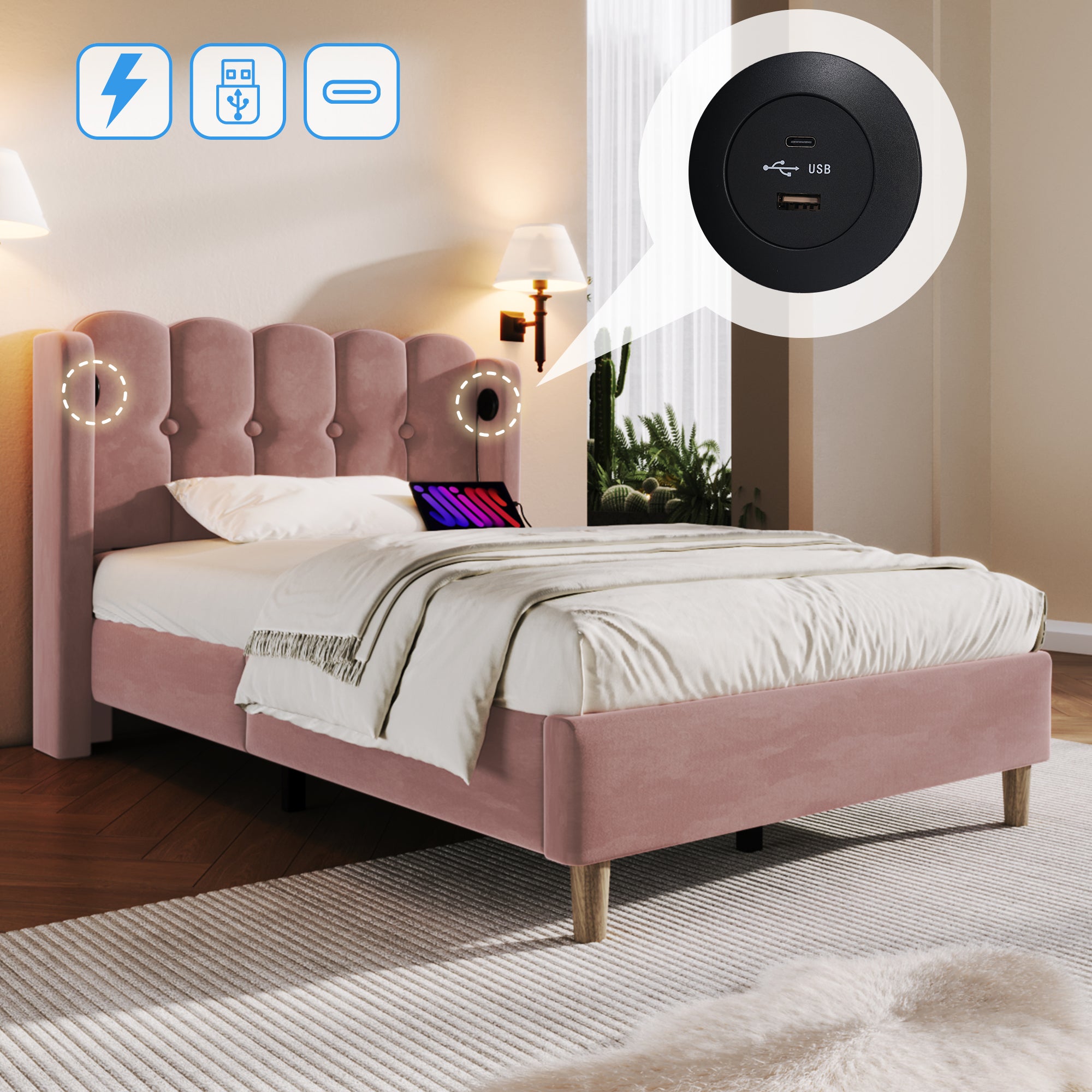 Upholstered Single Bed with USB and Type-C Charging, Bed Frame with Wooden Slatted Frame, Teenager Bed for Bedroom & Guest Room,3ft 90x 190 cm Bed Frame, Pink, Velvet Material (No Mattress).