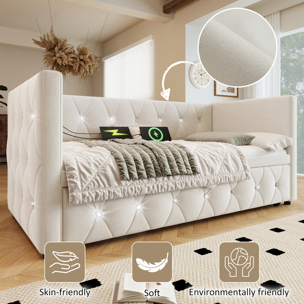 Daybed Single Upholstered Bed Sofa Bed with USB &Type C Charging Sations, 3FT Single Bed 90x190cm with Trundle ,Pull out Trundle for Living Room and Bedroom,Velvet ,Beige