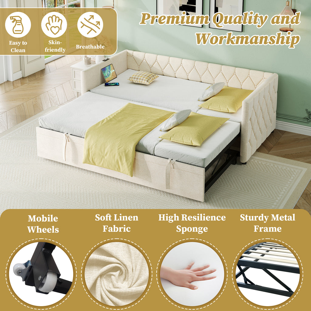 Upholstered Daybed, Sofa Bed with Charging Station, 3ft Single Button-tufted Bed with USB and Type - C Ports, Pull out Trundle Bed for Living Room/ Bedroom/ Study Room, Linen, Beige (No Mattress)