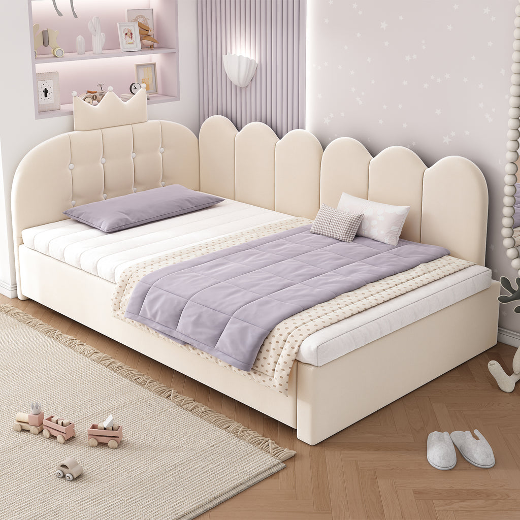 Upholstered Daybed with Pull-Out Bed, Crown-shaped Trundle Bed, 3FT Single Sofa Bed 90 x 190 cm, Guest Beds for Adults & Children, Bed with Metal Slatted Frame, Velvet, Beige (No Mattress)