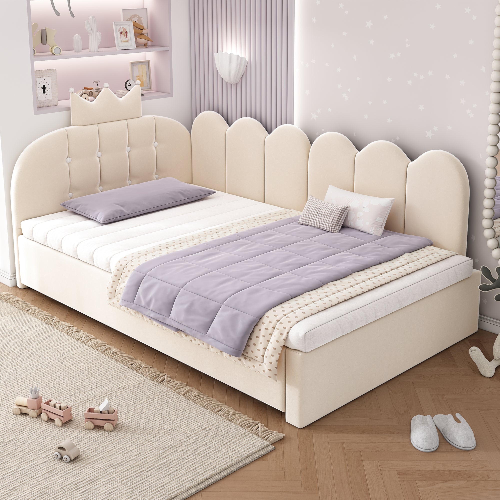 Upholstered Daybed with Pull-Out Bed, Crown-shaped Trundle Bed, 3FT Single Sofa Bed 90 x 190 cm, Guest Beds for Adults & Children, Bed with Metal Slatted Frame, Velvet, Beige (No Mattress)