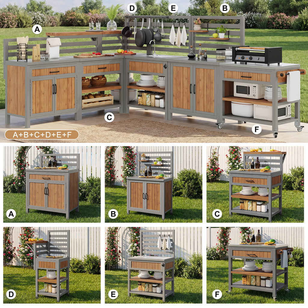 BBQ side table, mobile garden cabinet, weatherproof, stainless steel worktop, wooden garden cabinet, outdoor weatherproof tool cabinet, outdoor cabinet with large work surface and drawer