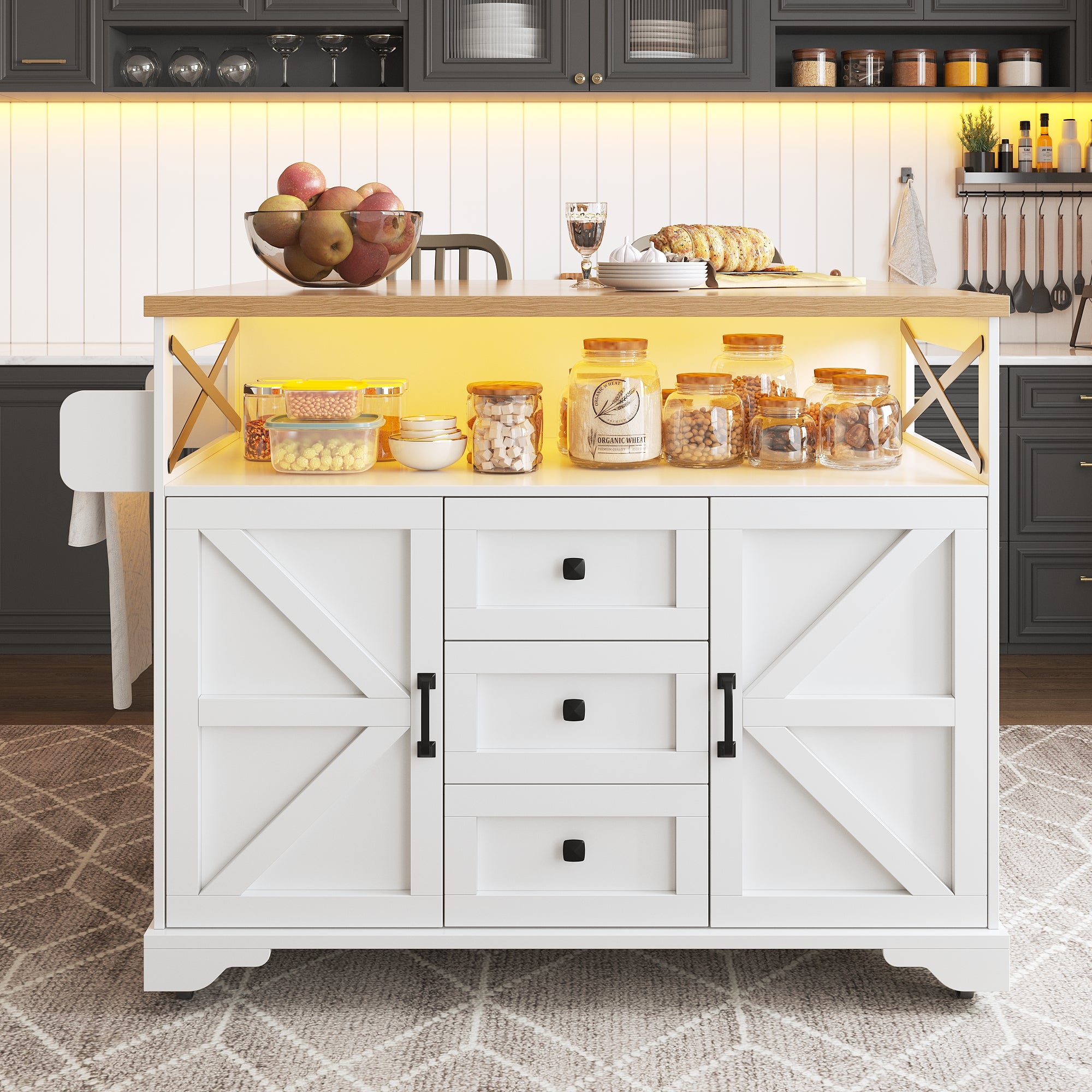 Serving Cart Kitchen Rollable with Drop-Leaf Table & App LED Lighting, Snack Shelves, Multifunctional as Kitchen Island Mobile Bar Side Table, Modern Kitchen Island, Kitchen Cabinet, Dining Table