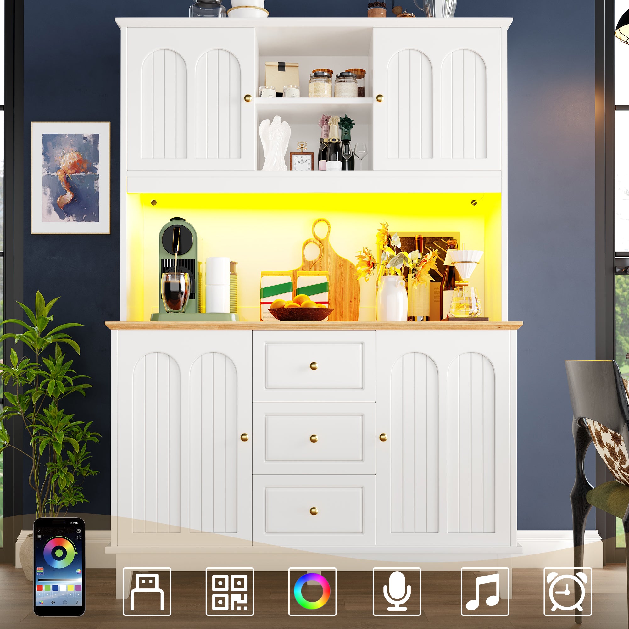 Pantry Cabinet with App Controlled LED Lights, 180cm Tall Kitchen Buffet Sideboard with 3 Drawers & Adjustable Shelves, Freestanding Storage Hutch for Dining Room & Kitchen