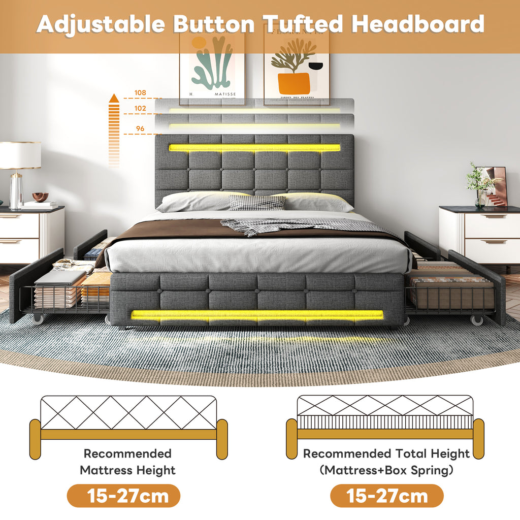 4ft6 Double Upholstered Bed with LED Lighting and Storage Drawers, Linen Fabric Storage Bed Frame with Adjustable Button Tufted Headboard, No Box Spring Needed, Easy Assembly, Grey (No Mattress)