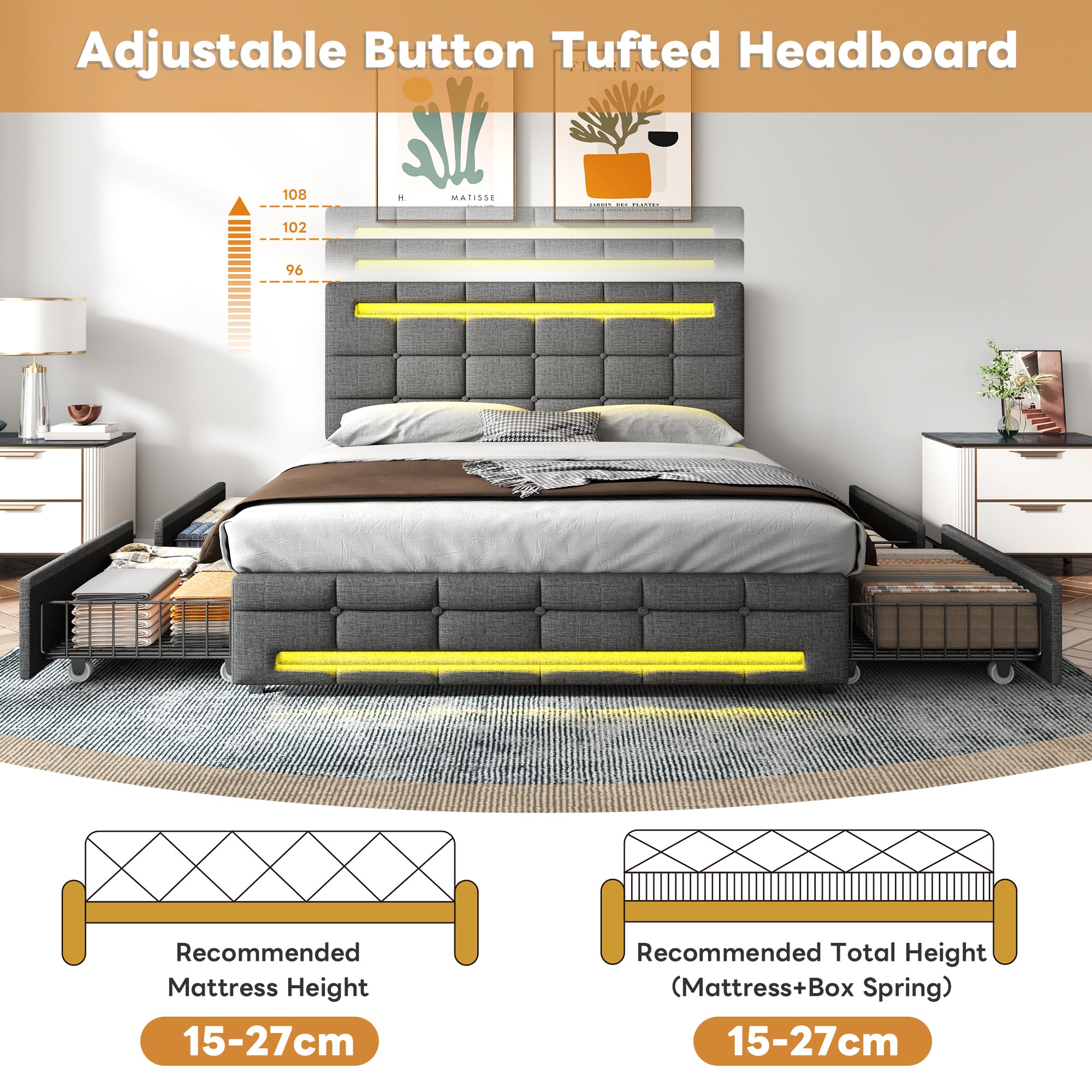 4ft6 Double Upholstered Bed with LED Lighting and Storage Drawers, Linen Fabric Storage Bed Frame with Adjustable Button Tufted Headboard, No Box Spring Needed, Easy Assembly, Grey (No Mattress)