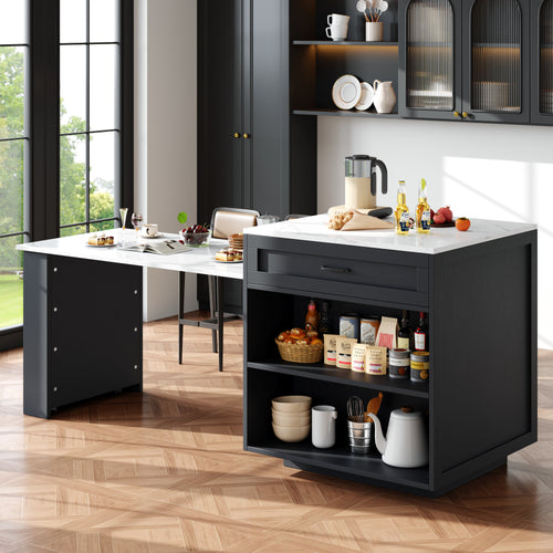 Extendable Bar Table with Storage (133–202 × 70 × 93.5 cm), with Two Drawers and Four Compartments, Expandable Kitchen Island Table for 2–6 People, Kitchen Dining Cart with Side Shelves, Black.