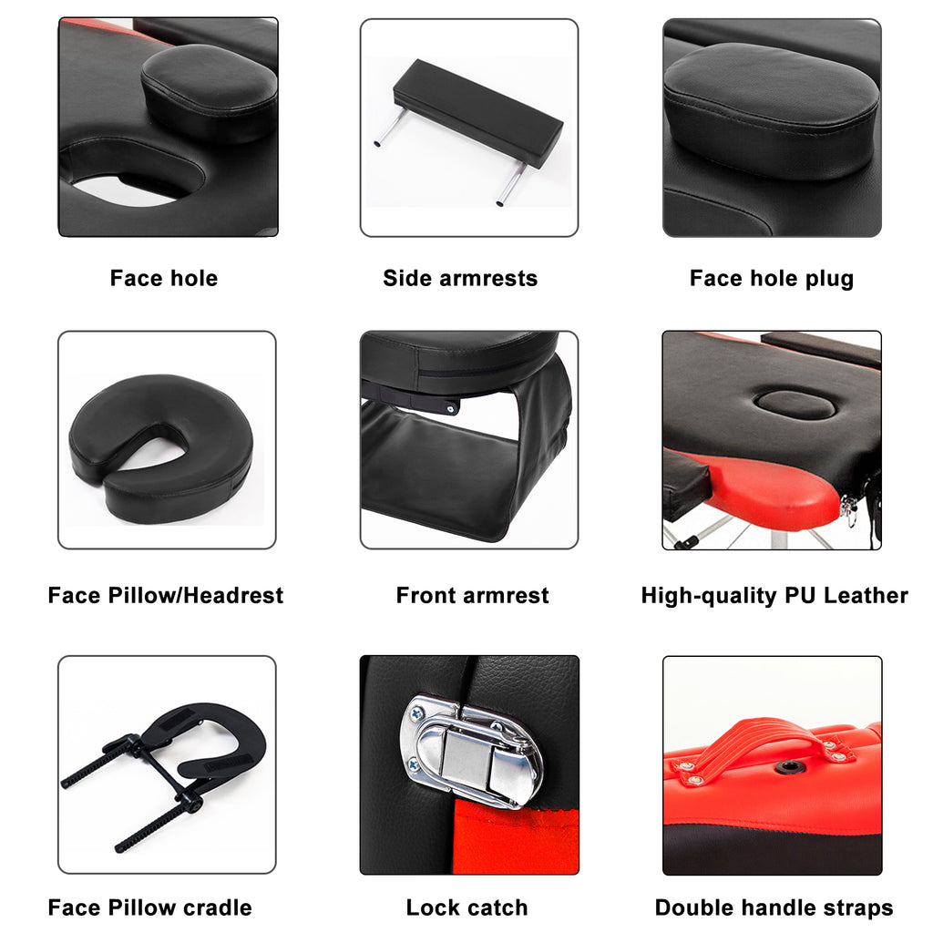 Massage Table Couch Bed Aluminium Deluxe Lightweight Professional Beauty Tattoo Spa 3 Section with Premium PU Leather and 5 cm High Density Multi-Layer Foam Headrest Arm support and Carrying Bag Red