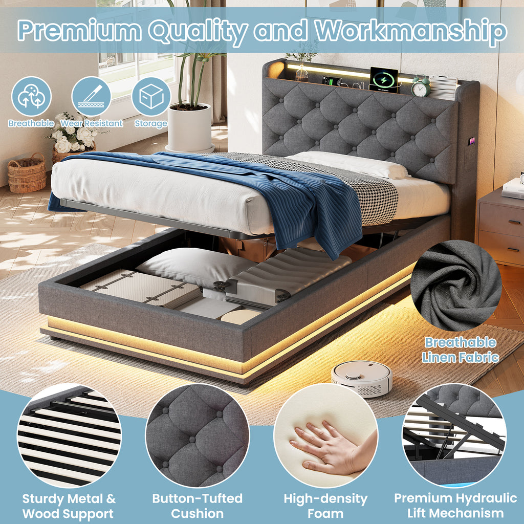 3ft Single Upholstered Bed Frame with Hydraulic Storage, LED Button Tufted Headboard with Charging Station and Concealed Headboard Storage, USB and Type-C Ports, Linen, Grey (No Mattress)