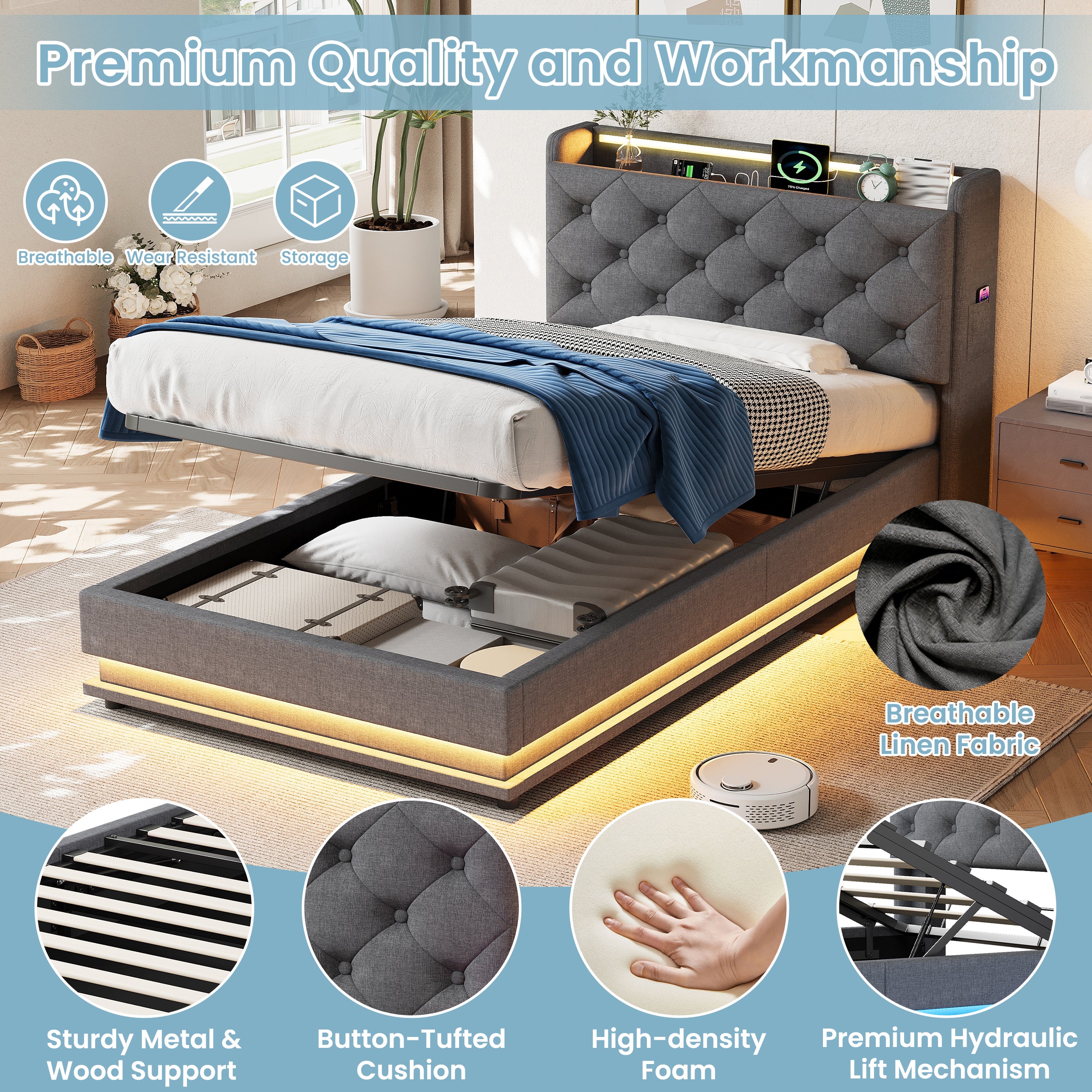 3ft Single Upholstered Bed Frame with Hydraulic Storage, LED Button Tufted Headboard with Charging Station and Concealed Headboard Storage, USB and Type-C Ports, Linen, Grey (No Mattress)