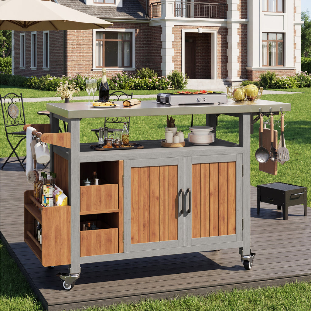 BBQ side table, mobile garden cabinet, weatherproof, stainless steel worktop, outdoor sideboard, serving trolley with pull-out side shelf, 3 hooks, shelf for snacks and spices, solid wood