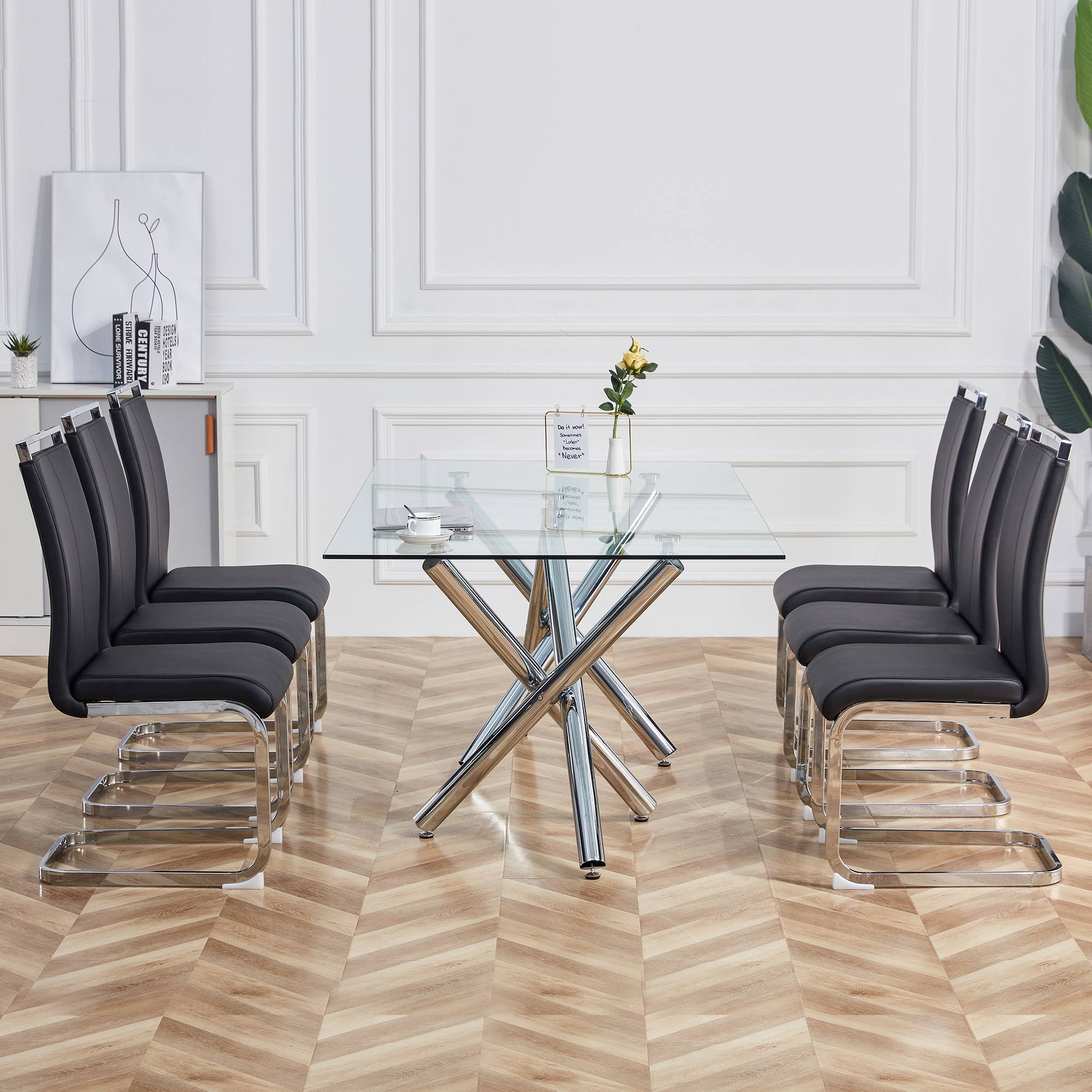Cantilever chair, chrome-plated metal frame, can hold up to 120 kg, softly padded with imitation leather cover, black, (set, 4 pieces)