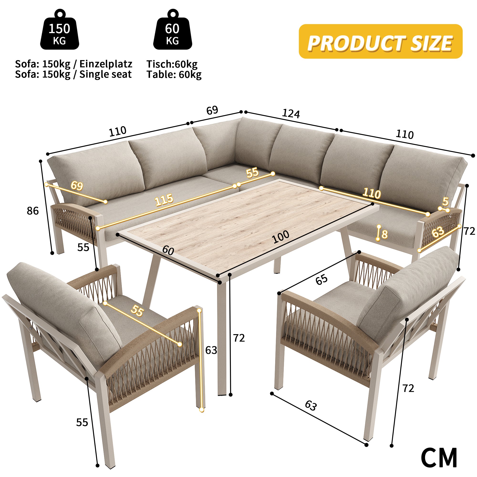 Garden Lounge Set, Furniture Set for 8 People, Ropework, Large Table with Wood Grain Finish, Galvanized Iron Frame, Adjustable Legs, All Seat and Back Cushions Included, Beige