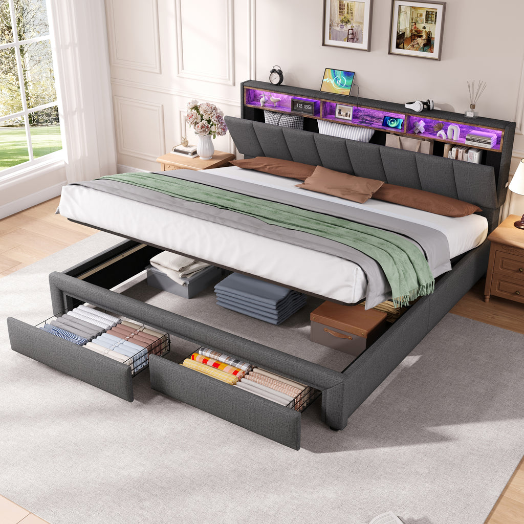 6ft Super King Upholstered Bed Frame with Hydraulic and Drawers Storage, LED Adjustable Headboard with Charging Station and Concealed Headboard Storage, Linen, No Box Spring Needed, Grey (No Mattress)