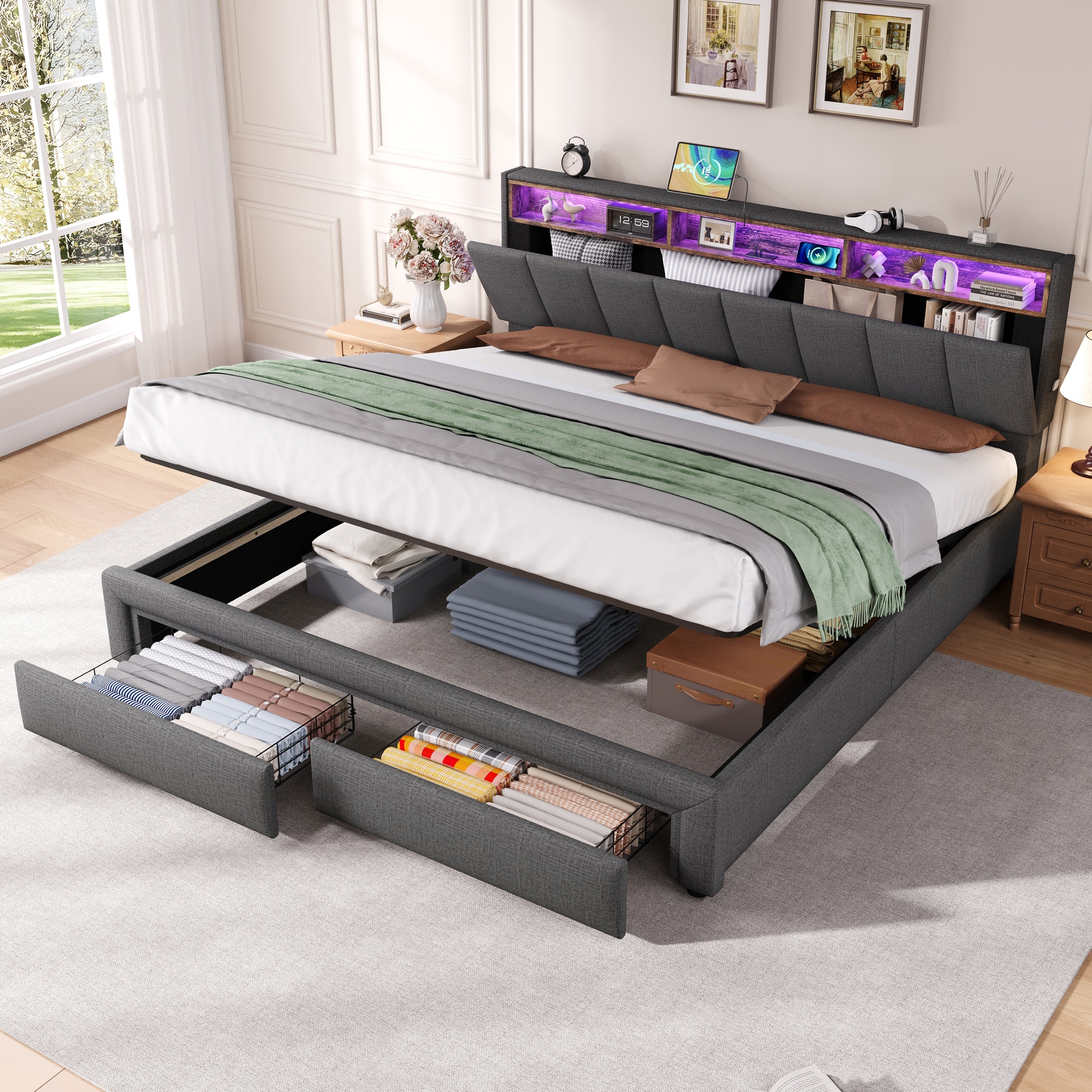 6ft Super King Upholstered Bed Frame with Hydraulic and Drawers Storage, LED Adjustable Headboard with Charging Station and Concealed Headboard Storage, Linen, No Box Spring Needed, Grey (No Mattress)
