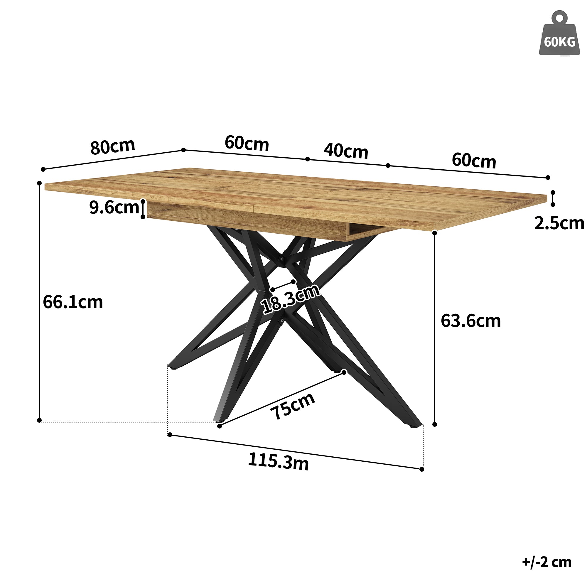 Extendable dining table 120-160 x 80 cm, extendable kitchen table, breakfast table, star-shaped table legs, black iron legs, Walnut-coloured tabletop