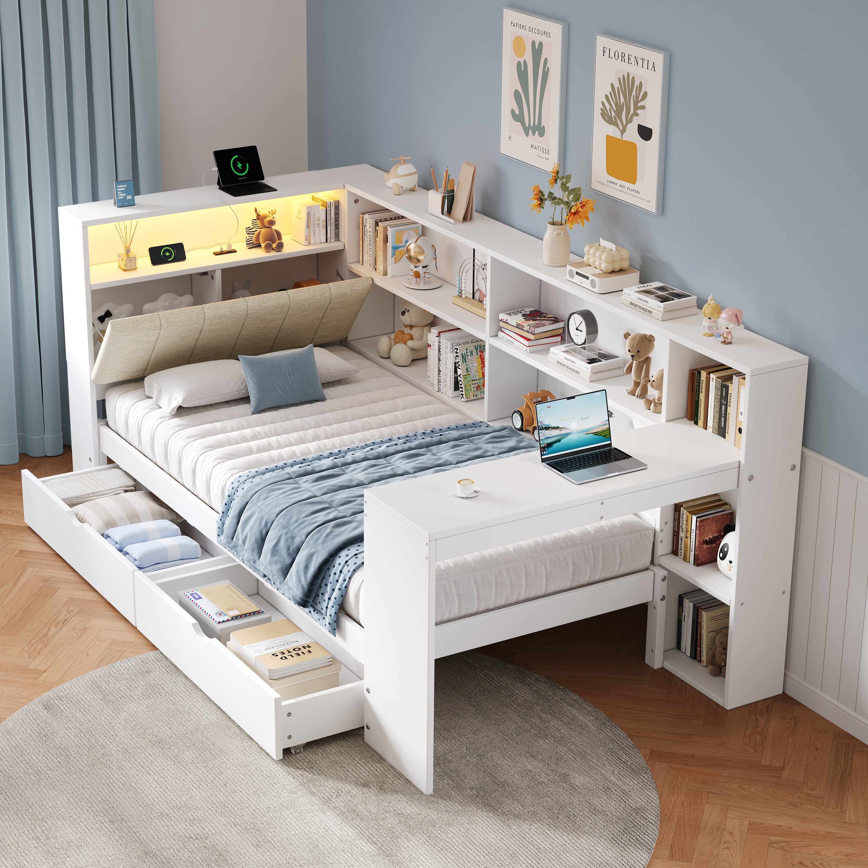 3ft Single L-Shape Daybed with Storage Drawers and Bookcase Storage, LED Linen Concealed Headboard Storage with Charging Station, Wood Bed for Living Room/ Bedroom/ Study Room, White (No Mattress)