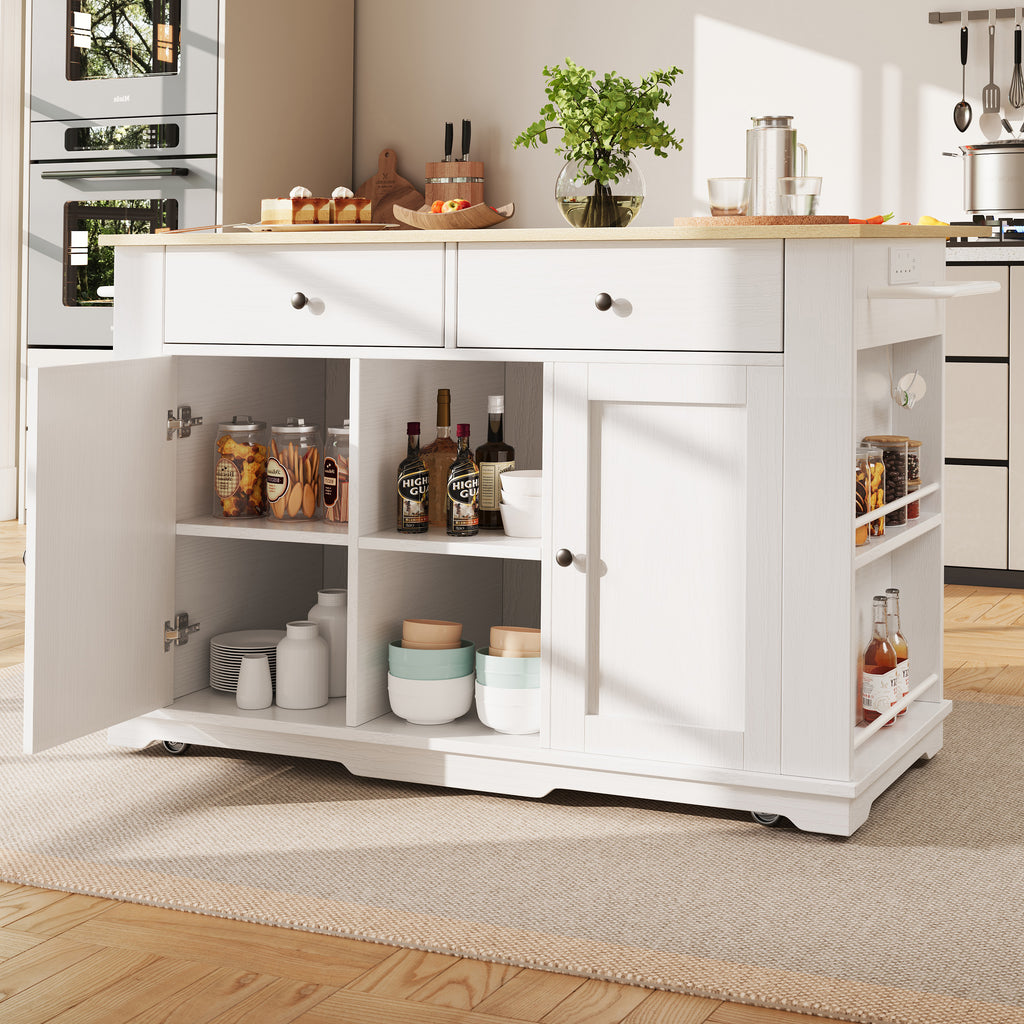 Kitchen island, kitchen trolley equipped with power strip, kitchen cabinet, serving trolley with worktop, buffet cabinet, dining trolley with wood grain, white