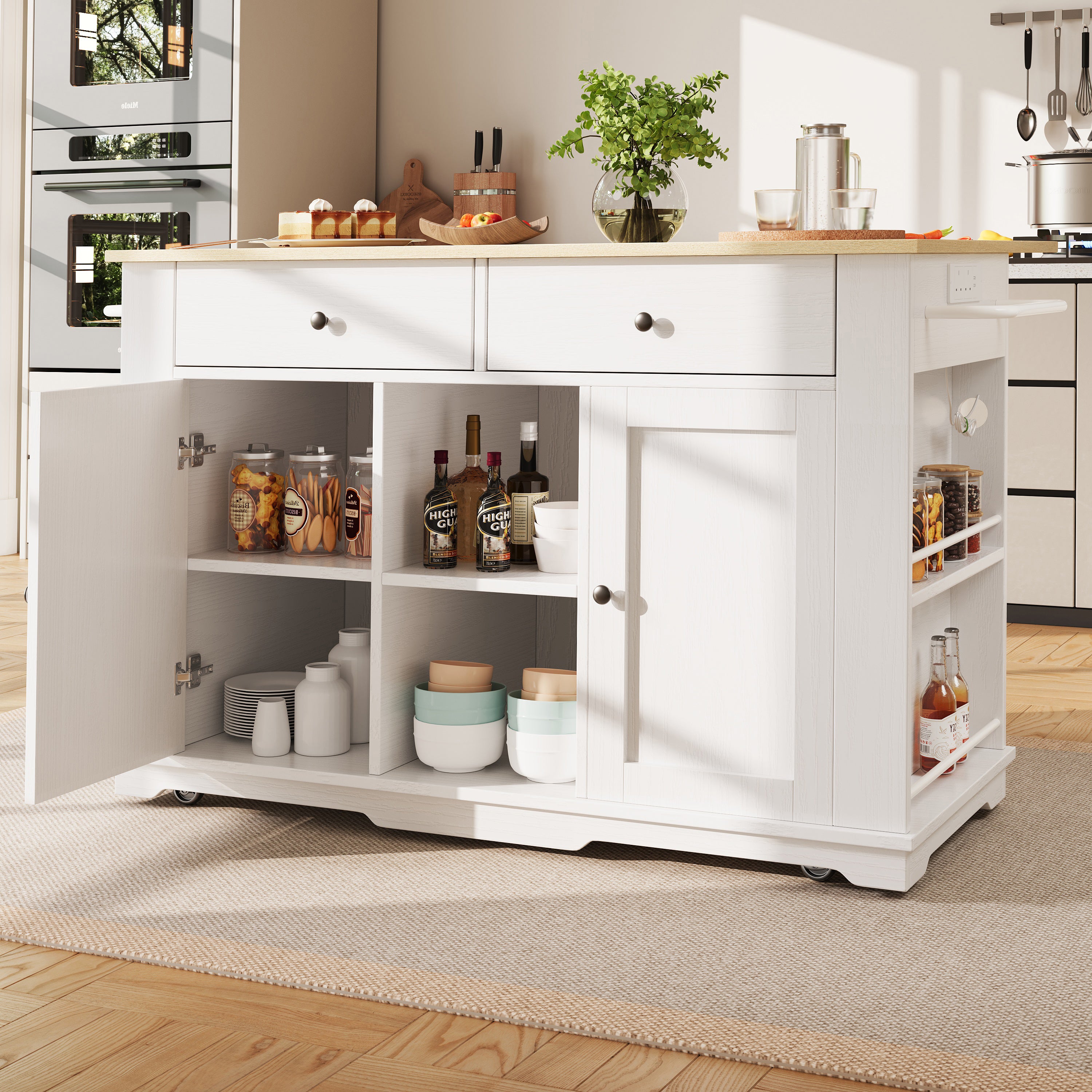 Kitchen island, kitchen trolley equipped with power strip, kitchen cabinet, serving trolley with worktop, buffet cabinet, dining trolley with wood grain, white